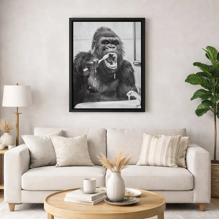 Gorilla Brushing Teeth Canvas Wall Art | Funny Bathroom Animal Photography | Gallery-Quality 1.25" Profile | Quirky Home & Office Decor Gift