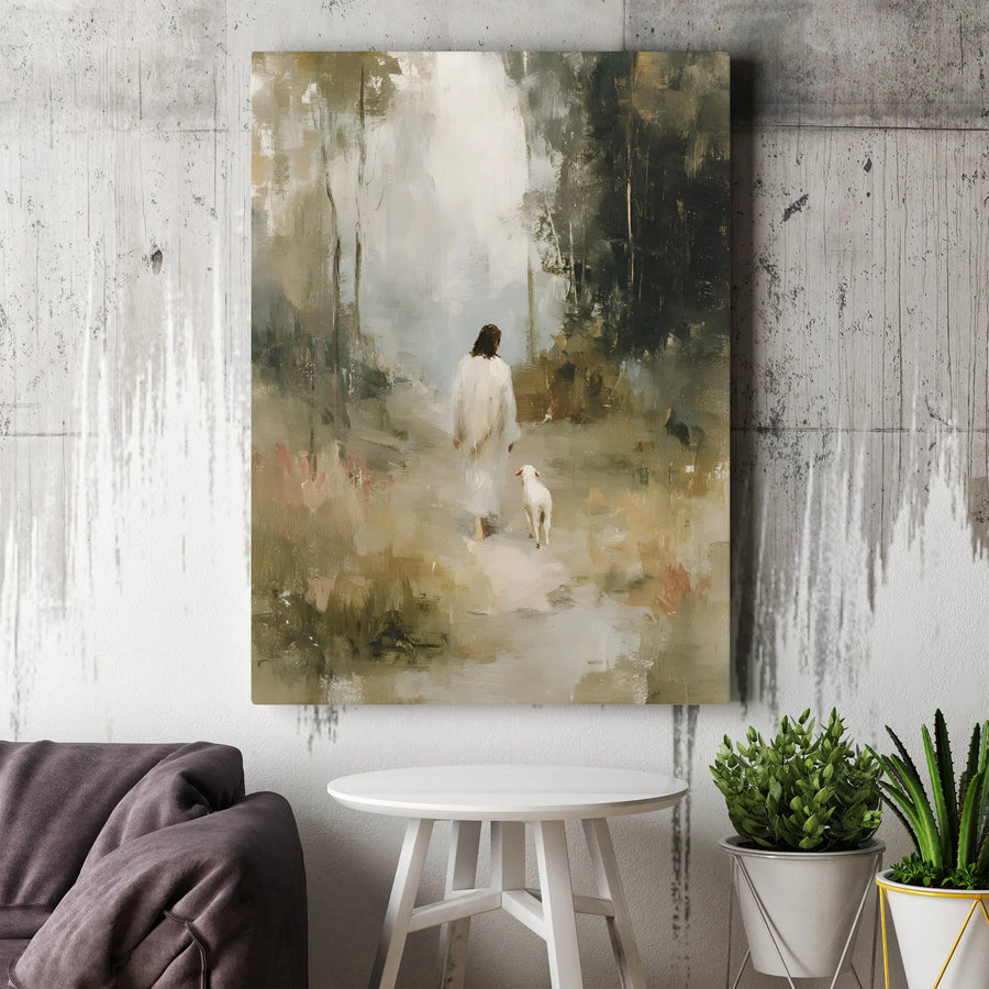 Jesus and Lamb Vertical Canvas | Christian Wall Art Painting Style | Premium 1.25" Thickness Print | Spiritual Religious Gift for Home Decor