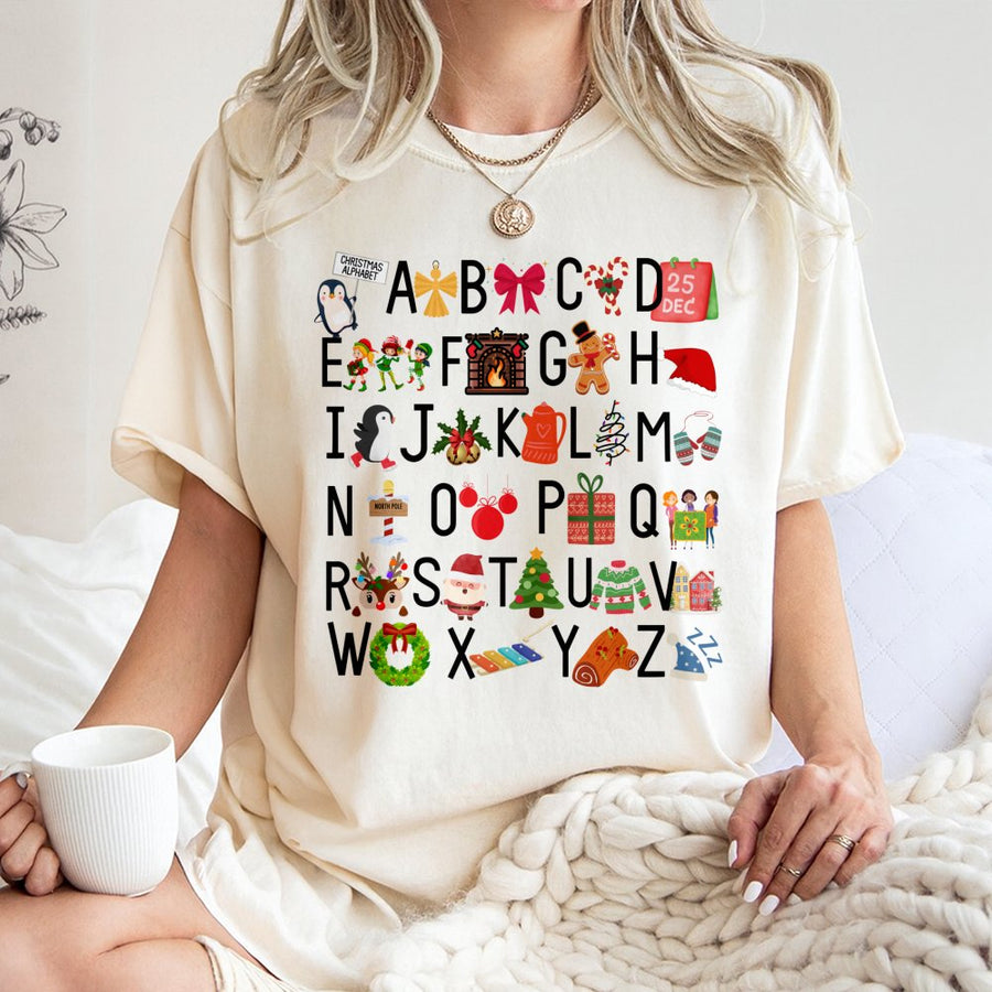 Christmas Alphabet T-Shirt | Holiday Graphic ABC Design | 100% Cotton Premium Tee | Cute Teacher Holiday Gift for Educators & School Staff