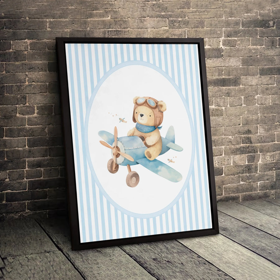 Aviator Teddy Bear Nursery Wall Art | Watercolor Baby Boy Airplane Print | Gallery Quality 1.25" Canvas | Cute Kid's Room Decor Gift