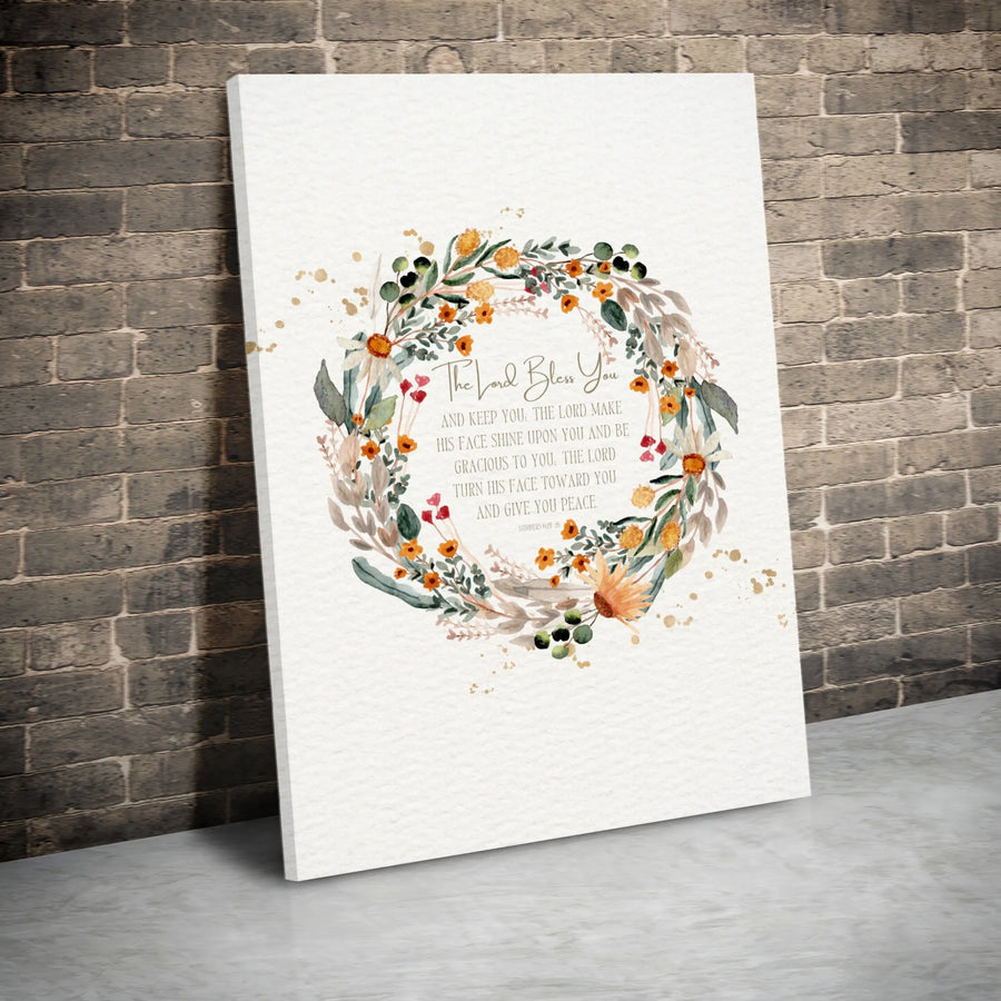 The Lord Bless You Numbers 6:24-26 Canvas | Watercolor Floral Wreath Wall Art | Premium Gallery Wrap | Christian Home Decor Gift for Nursery