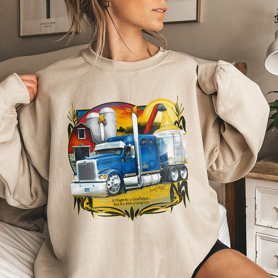 Largecar Semi Truck Sweatshirt | Vintage Blue Farm Hauler Graphic | Premium Cotton Blend | Gift for Truckers and Farmers