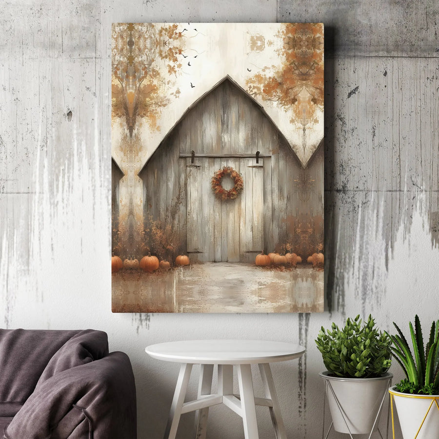 Rustic Autumn Barn Canvas Art | Farmhouse Fall Wreath & Pumpkin Decor | Premium Gallery Wrap Print | Seasonal Living Room Wall Hanging Gift