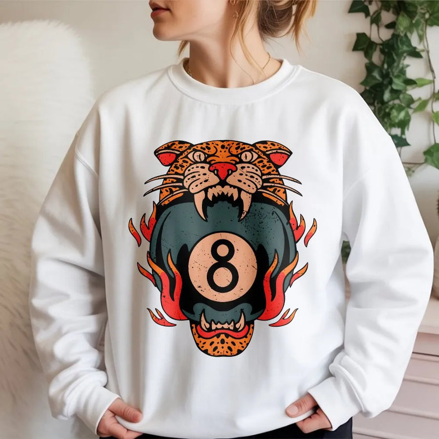 Vintage Tiger 8 Ball Sweatshirt | Flaming 8 Ball Tattoo Art | Premium Cotton Graphic Tee | Gift for Rock and Roll Fan