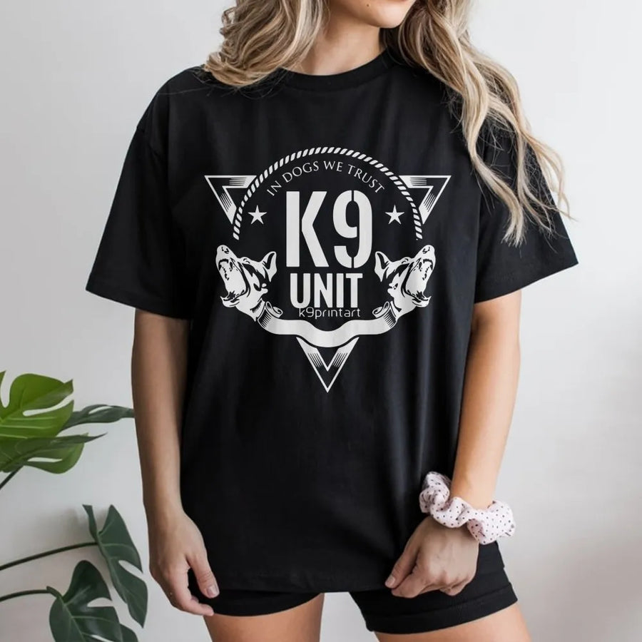 K9 Unit T-Shirt | In Dogs We Trust Tactical Graphic | Premium 100% Cotton Apparel | Gift for K9 Handlers, Police Dog Fans, and Working Dog Enthusiasts