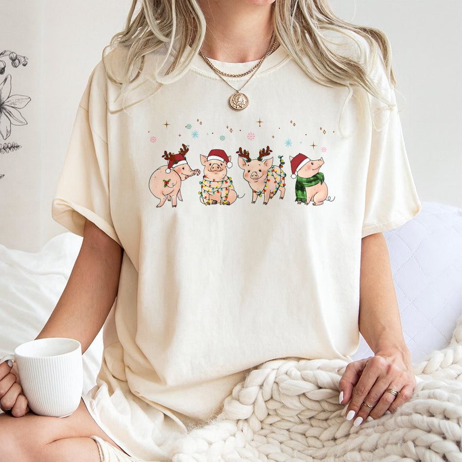 Merry Pigmas T-Shirt | Cute Christmas Pigs Reindeer Graphic | 100% Premium Cotton Tee | Funny Holiday Gift for Pig Lovers and Farmers