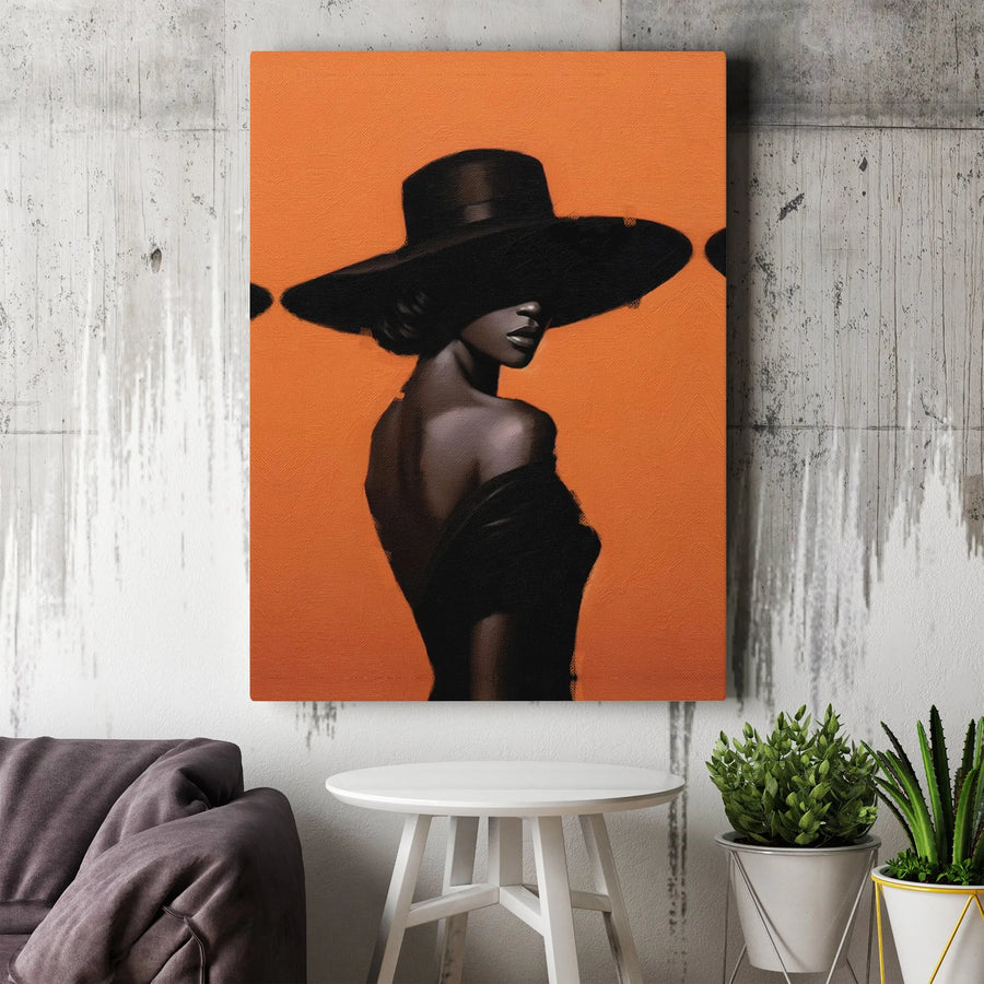 Black Woman Wall Art | Fashion Portrait In Wide Brim Hat | Premium Gallery Wrap Canvas | Modern Home Decor Gift