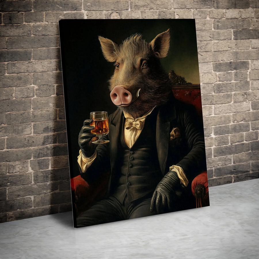 Wild Boar Drinking Whiskey Canvas Art | Sophisticated Animal Portrait | Premium Gallery-Wrapped Print | Unique Man Cave Home Decor Gift