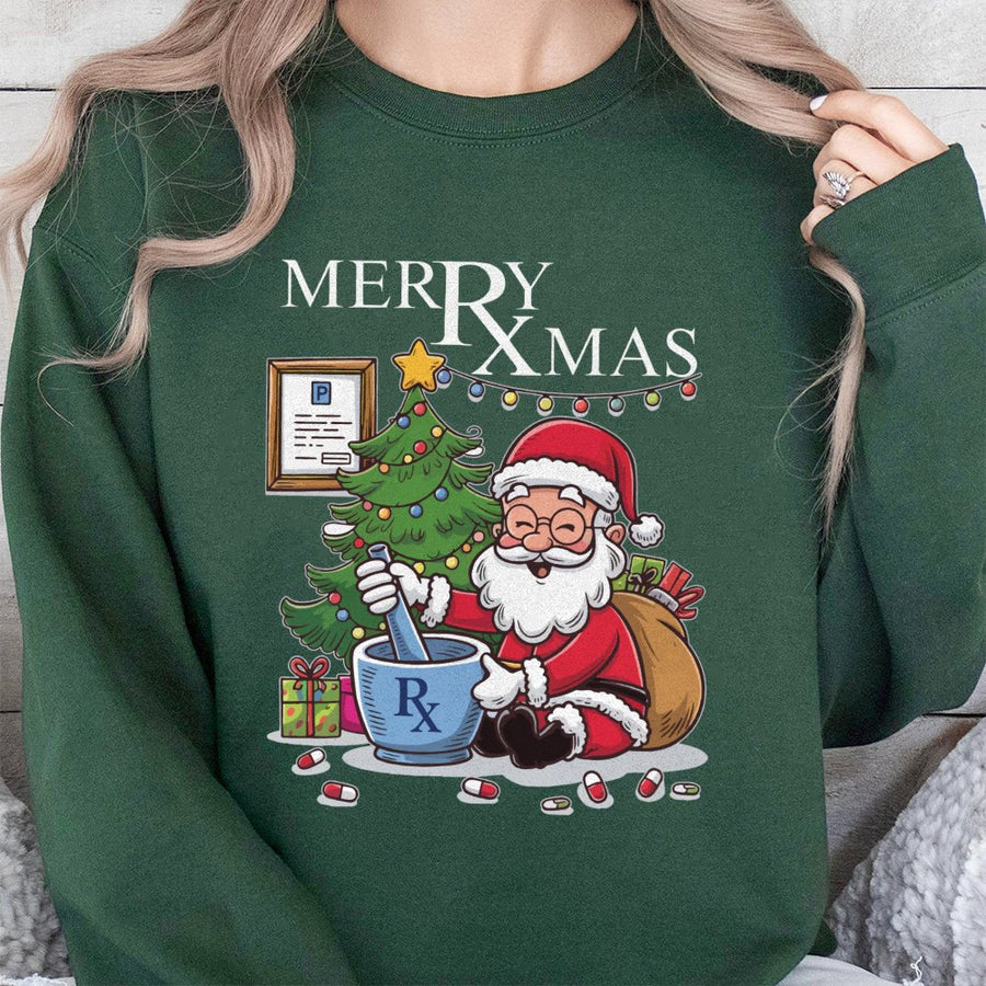 Pharmacy Christmas Sweatshirt | Santa Mortar and Pestle Graphic | Premium Cotton Blend | Funny Pharmacist Gift for Pharm Tech and Pharmacy Student