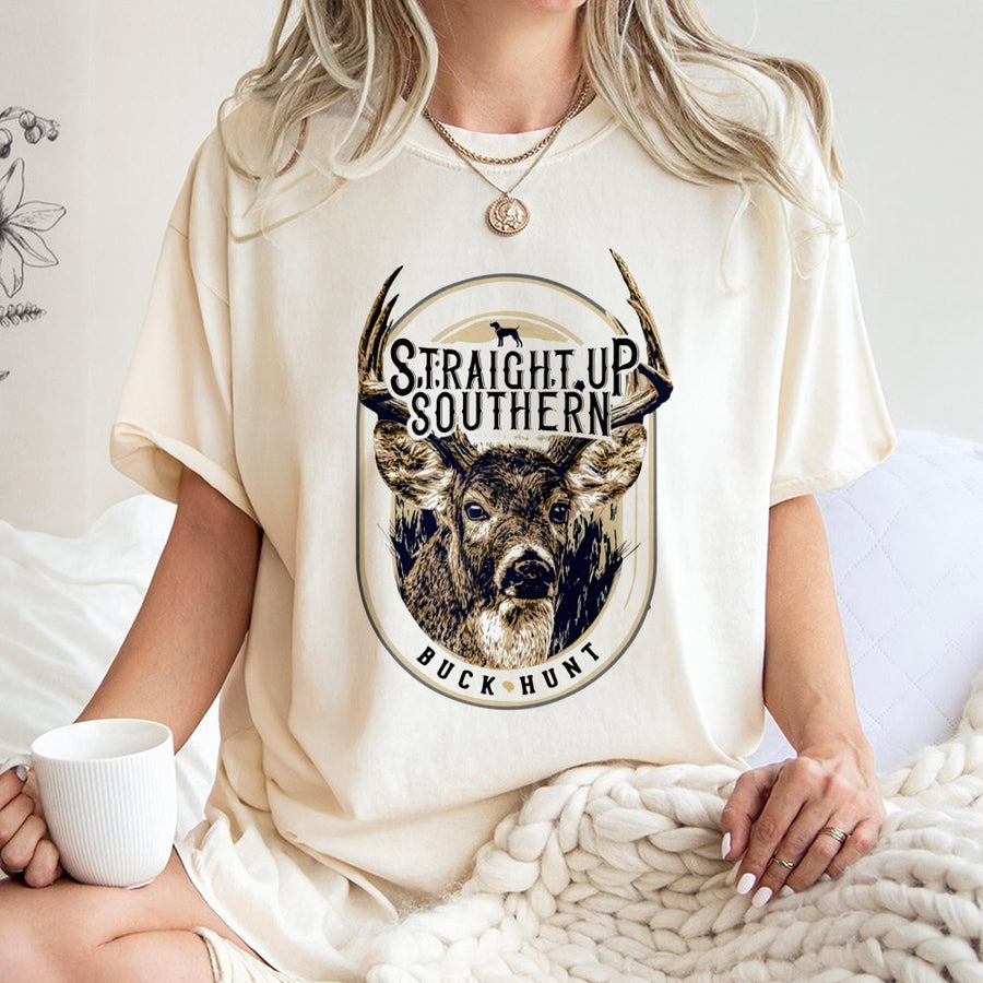 Straight Up Southern Buck Hunting T-Shirt | Rustic Whitetail Deer Graphic | Premium 100% Cotton | Gift for Hunters and Outdoorsmen