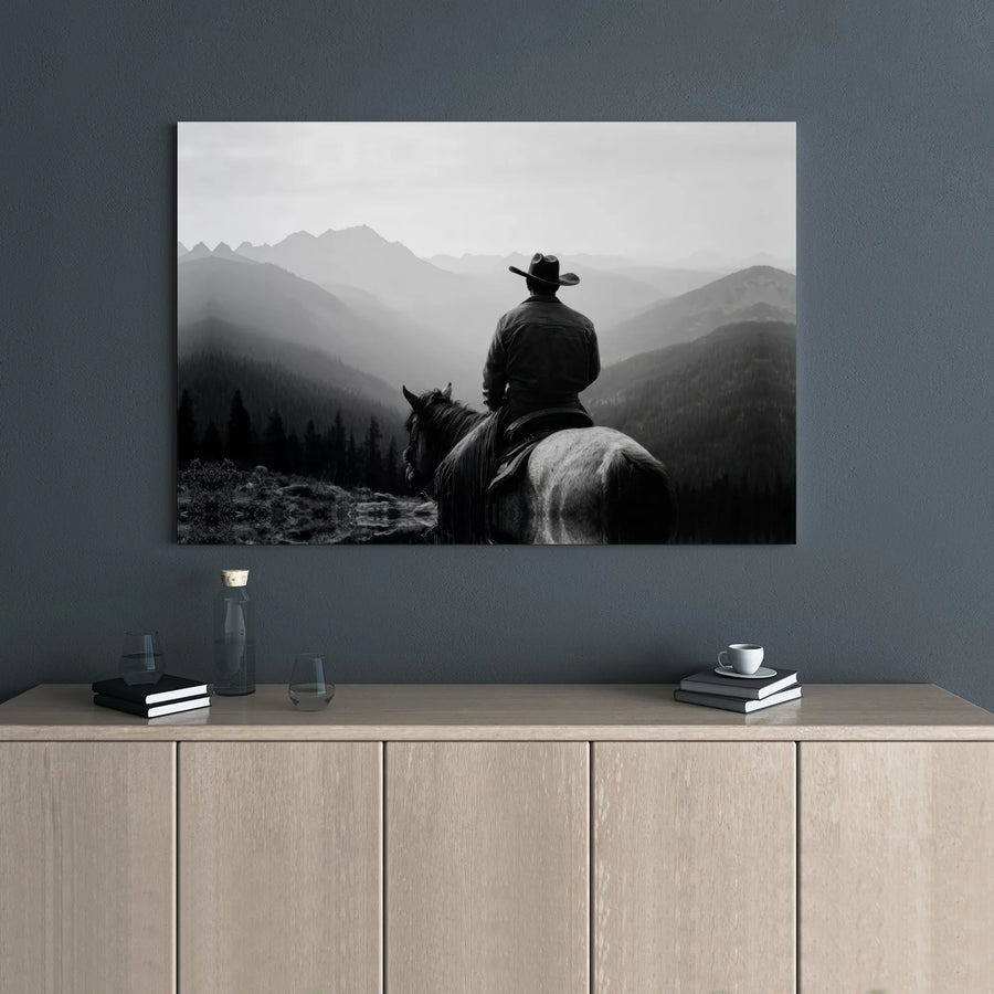 Western Cowboy Wall Art | Black and White Mountain Landscape Canvas | Premium Gallery Wrap Print | Rustic Home Decor Gift for Him
