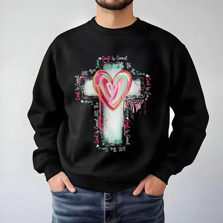 God Is Good All The Time Sweatshirt | Watercolor Cross & Heart Design | Premium Cotton Blend | Christian Religious Gift for Women and Men