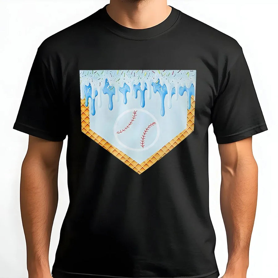 Baseball Ice Cream T-Shirt | Melting Home Plate Graphic | Soft Cotton Blend Pullover | Unique Gift for Baseball Players & Fans
