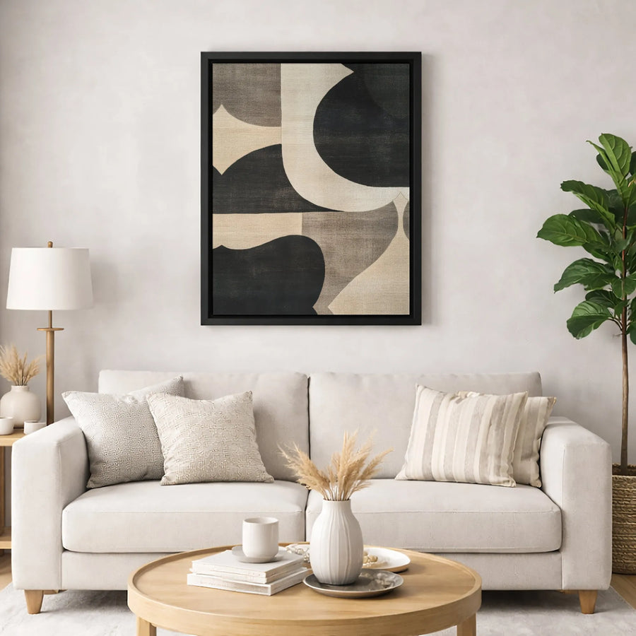 Abstract Geometric Canvas Wall Art | Minimalist Black Beige Grey Print | 1.25-Inch Gallery Thick Profile | Modern Home & Office Decor