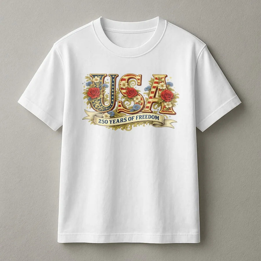 USA 250th Anniversary T-Shirt | Vintage Floral USA Flag Design | Soft Cotton Blend Pullover | Patriotic Collector's Gift for Independence Day 2026