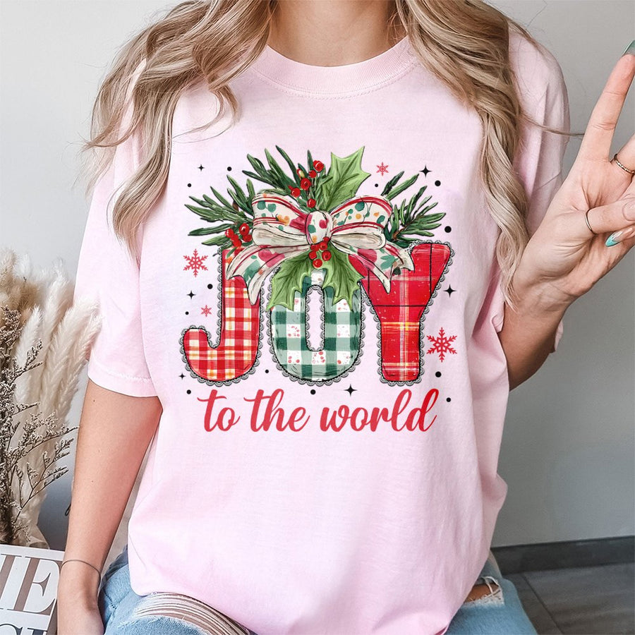 Joy To The World Christmas T-Shirt | Plaid Festive Holiday Graphic | Soft Premium Cotton Tee | Christian Apparel Gift For Women And Men