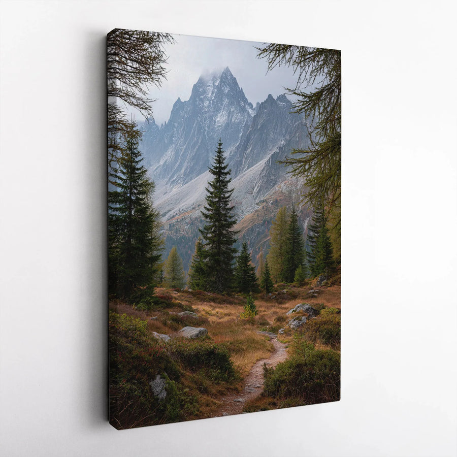 Mountain Landscape Vertical Canvas | Autumn Pine Forest Hiking Trail Photo | Premium Gallery Wrapped Print | Rustic Cabin & Office Decor