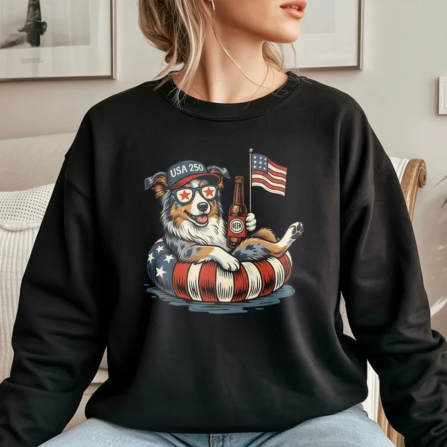 USA 250th Anniversary Dog Sweatshirt | Patriotic Aussie Shepherd with American Flag | Premium Unisex Pullover | Independence Day Gift for Dog Lover