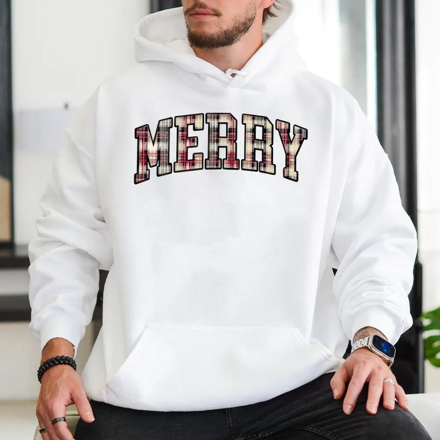 Merry Christmas Hoodie | Retro Plaid Varsity Lettering | Premium Cotton Blend | Holiday Gift For Her