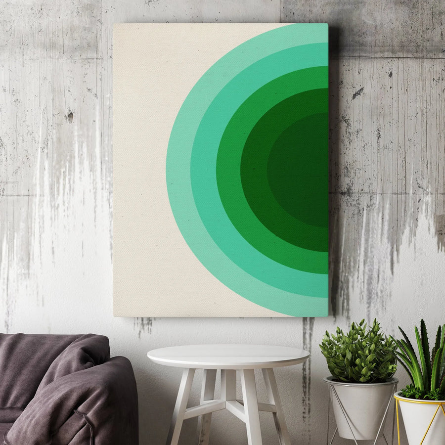 Retro Geometric Vertical Canvas | Abstract Green Concentric Circles | Thick Gallery Wrap Canvas | Premium Mid-Century Modern Home Decor