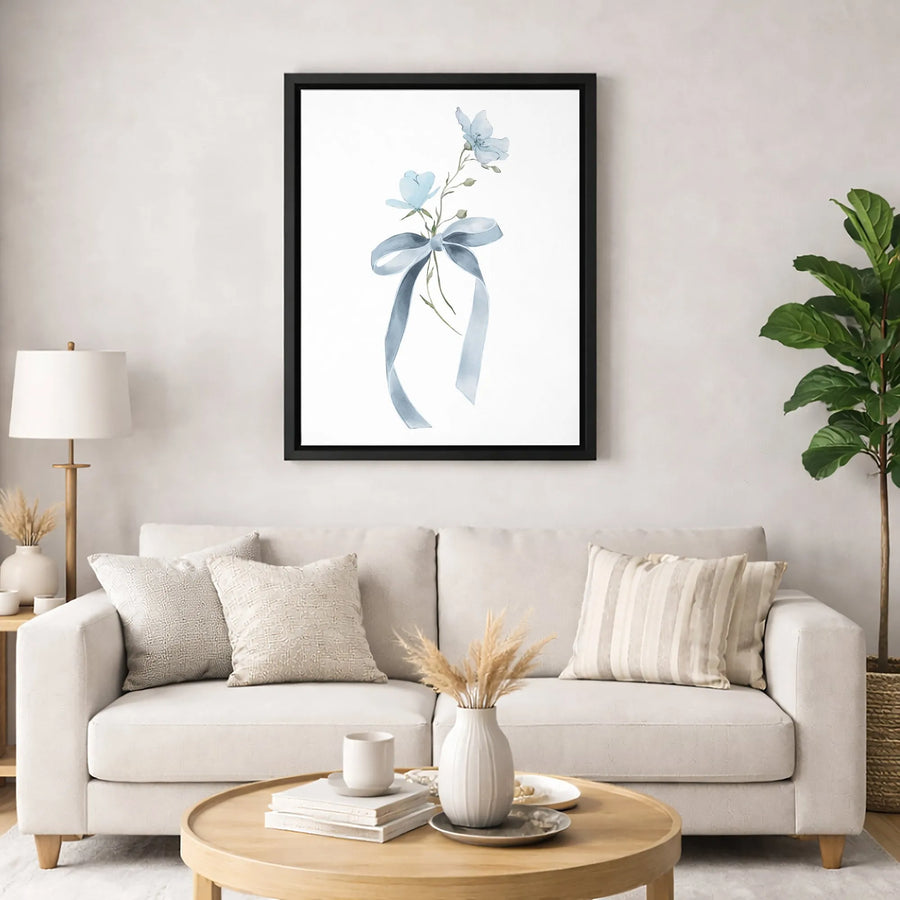 Blue Floral Watercolor Canvas Art | Minimalist Flower Bouquet with Ribbon | Premium Gallery Wrapped Print | Elegant Modern Home Decor Wall Gift