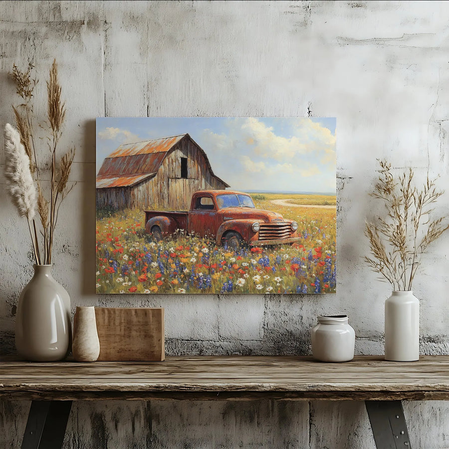 Rustic Red Truck Canvas Wall Art | Vintage Farmhouse Wildflower Meadow Decor | Premium Gallery Wrap Print | Farmhouse Living Room Decor Gift