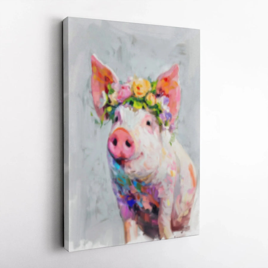 Colorful Pig Canvas Wall Art | Smiling Piglet with Flower Crown Painting | Premium Gallery Wrap 1.25 Inch | Farmhouse Decor for Animal Lovers