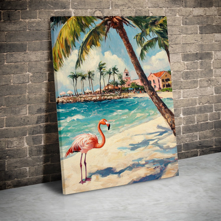 Pink Flamingo Wall Art | Tropical Beach Landscape Oil Painting | Premium Gallery Wrapped Canvas | Coastal Home Decor Gift