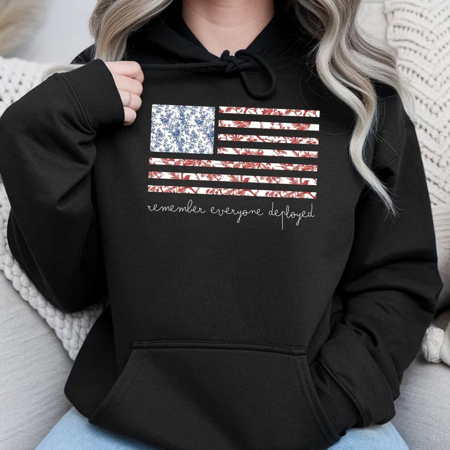 Red Friday Hoodie | Floral American Flag Remember Everyone Deployed | Premium Cotton Graphic Tee | Military Family Support Gift