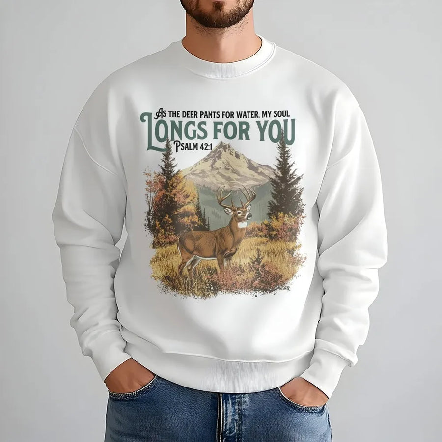 Psalm 42:1 Deer Sweatshirt | Vintage Nature Mountain Graphic | Premium Cotton Blend | Christian Hunter Gift for Men and Women