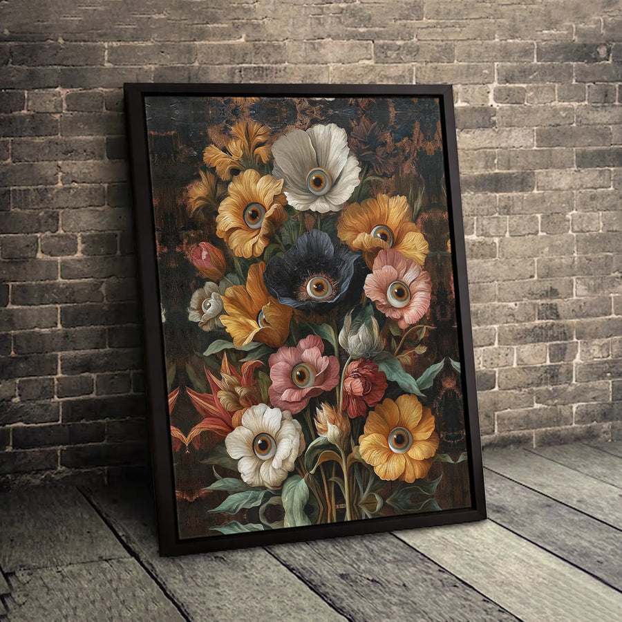 Surreal Eyeball Flower Canvas Art | Gothic Dark Floral Bouquet Still Life | Premium Gallery Wrap Wall Decor | Unique Gift for Art Lovers