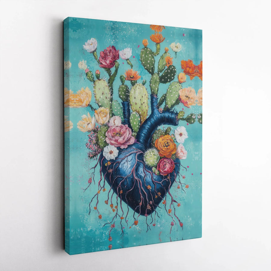 Anatomical Heart Canvas Print | Surreal Cactus & Wildflower Painting | Premium Textured Gallery Wrap | Cardiologist Office Art Gift