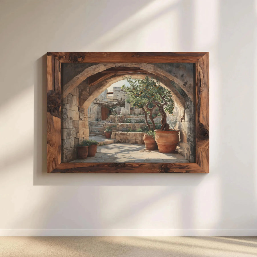Rustic Mediterranean Canvas Print | Sunlit Courtyard Scene with Printed Wood Frame | Premium Gallery Wrapped Wall Art | Tuscan Farmhouse Decor Gift