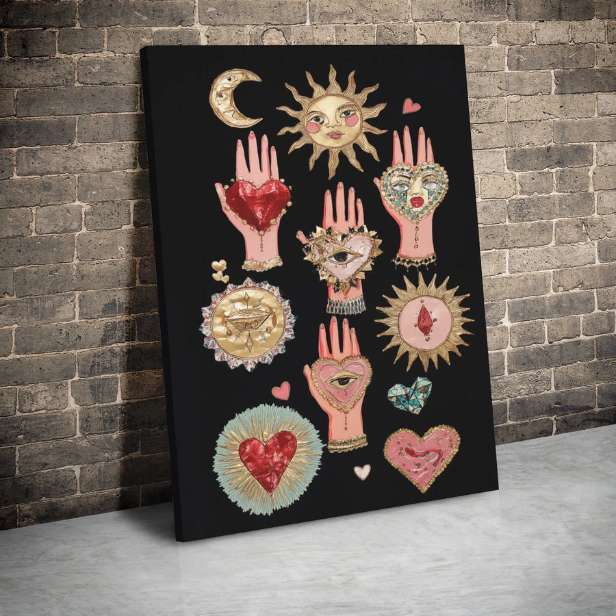 Mystical Sacred Heart Canvas Wall Art | Celestial Sun and Moon Esoteric Decor | Gallery Wrapped Premium Print | Boho Spiritual Home Gift