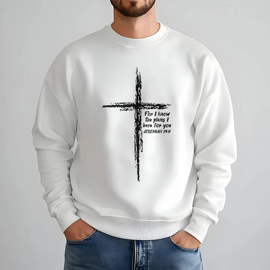 Jeremiah 29:11 Sweatshirt | Distressed Cross Minimalist Graphic | Premium Cotton Blend | Christian Bible Verse Gift for Men and Women