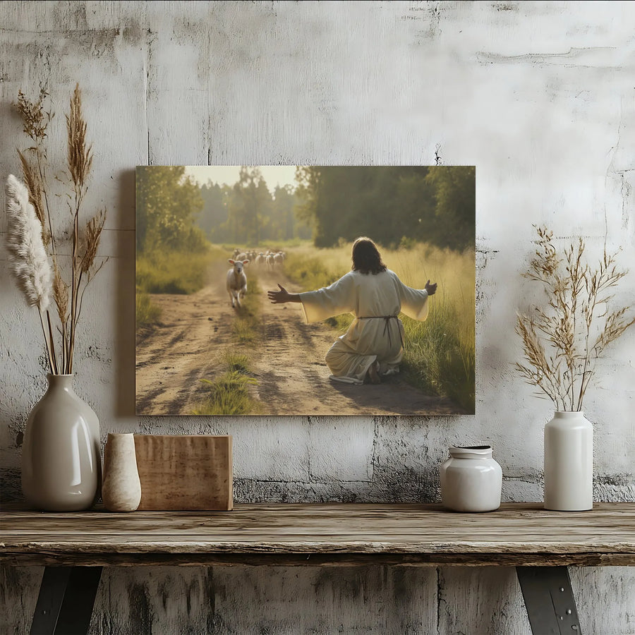 Jesus The Good Shepherd Canvas Art | Welcoming Lost Lamb Scene | Premium Gallery-Wrapped Print | Inspirational Christian Home Decor Gift
