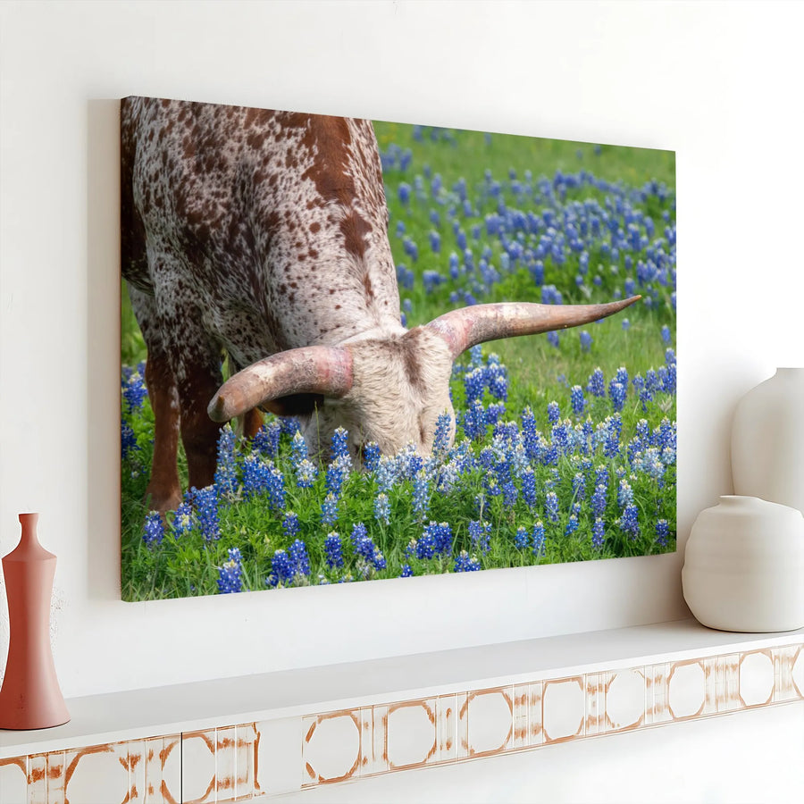 Texas Longhorn Bluebonnets Horizontal Canvas | Rustic Hill Country Wildflower Wall Art | Premium 1.25" Gallery Wrap | Western Farmhouse Decor Gift