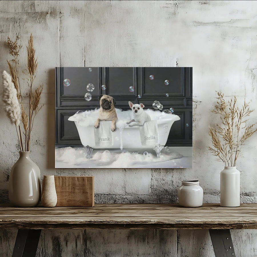 Funny Dog Bathroom Canvas Art | Pug and Chihuahua in a Bubble Bath Portrait | Premium Gallery Wrapped Print | Unique Wall Decor Gift for Pet Lovers