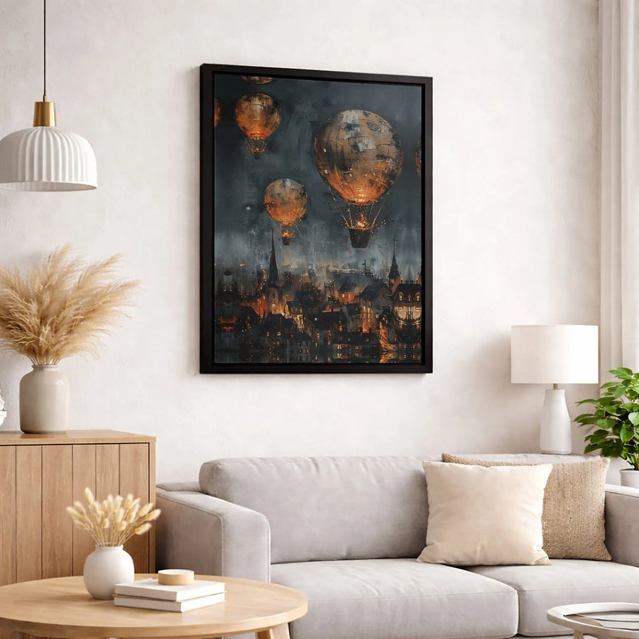 Steampunk Hot Air Balloon Canvas Wall Art | Glowing Victorian Cityscape Print | Premium 1.25" Gallery Wrap | Industrial Home Decor Gift