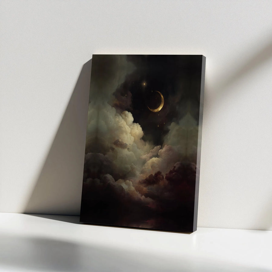 Crescent Moon Canvas Print | Moody Celestial Night Sky Painting | Premium Frameless Canvas | Gothic Home Decor Gift