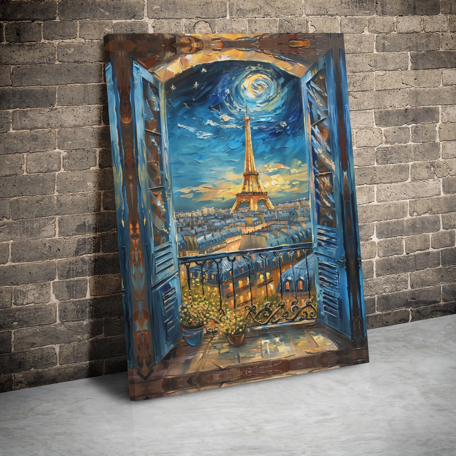 Paris Eiffel Tower Canvas Wall Art | Impressionist Night Window View | Premium Gallery Wrap Decor | Travel Gift for France Lovers