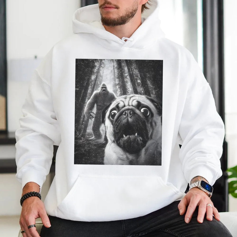 Funny Pug Bigfoot Hoodie | Retro Cryptid Dog Graphic Design | Premium Cotton Blend Sweatshirt | Unique Gift for Pug Lovers and Bigfoot Fans