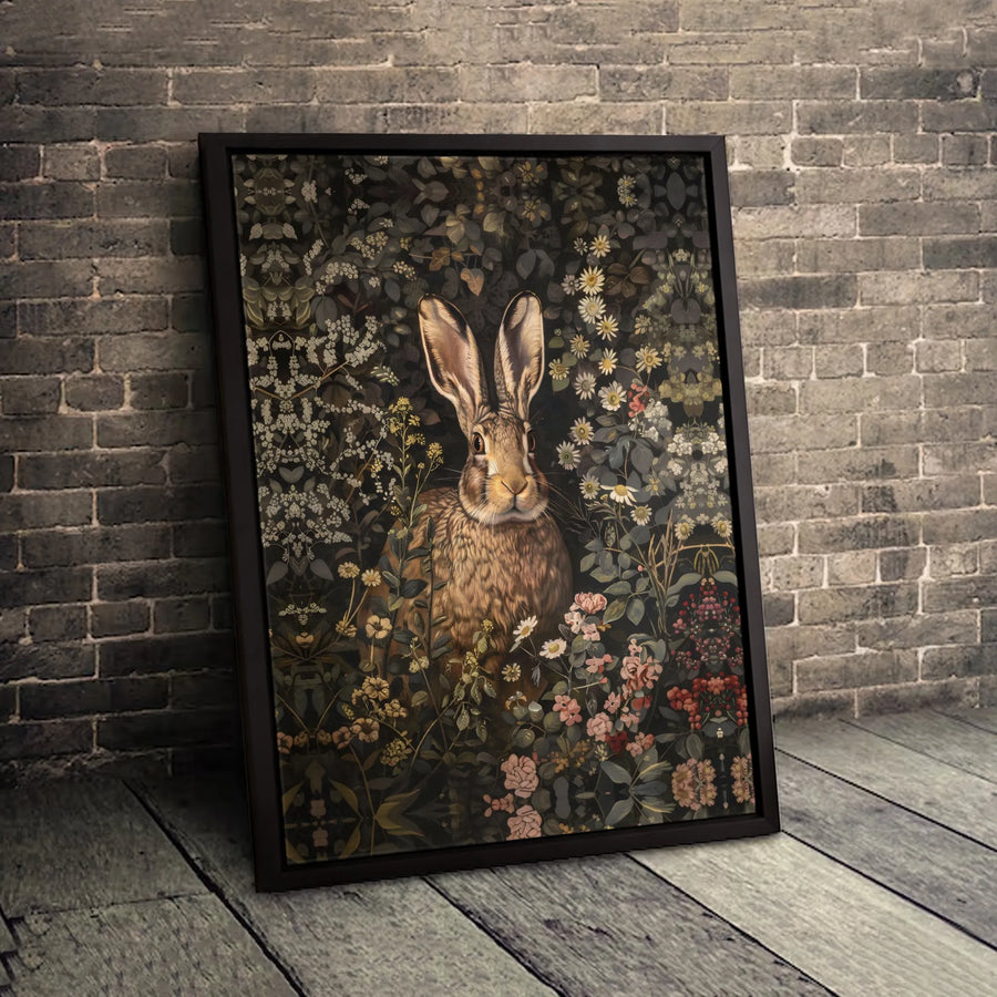 Rabbit Wall Art | Dark Botanical Wildflower Garden Print | Gallery-Quality Canvas Decor | Nature Lover Home Gift