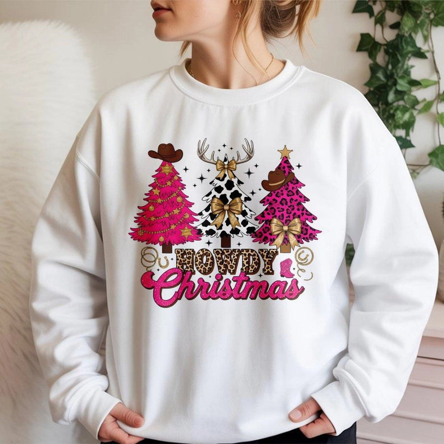Howdy Christmas Sweatshirt | Western Cowgirl Leopard Print Trees | Premium Cotton Blend | Cute Country Holiday Gift for Women