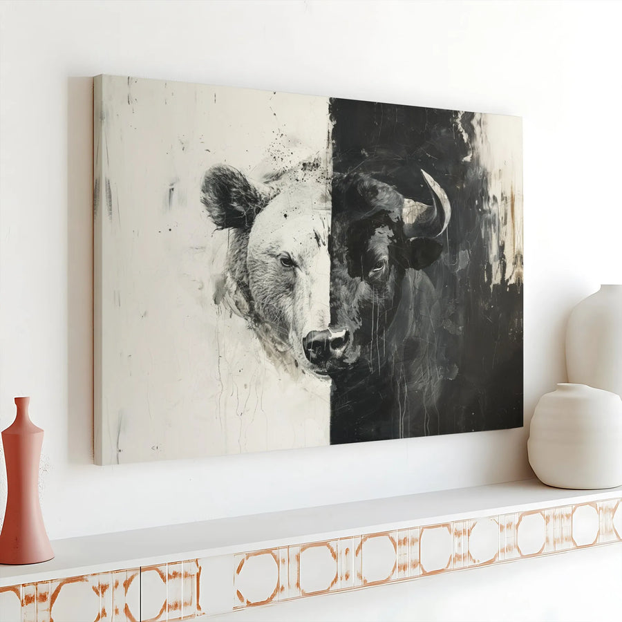 Bull And Bear Canvas Art | Split Face Stock Market Wall Decor | Premium Gallery Wrap Print | Financial Office Motivation Gift