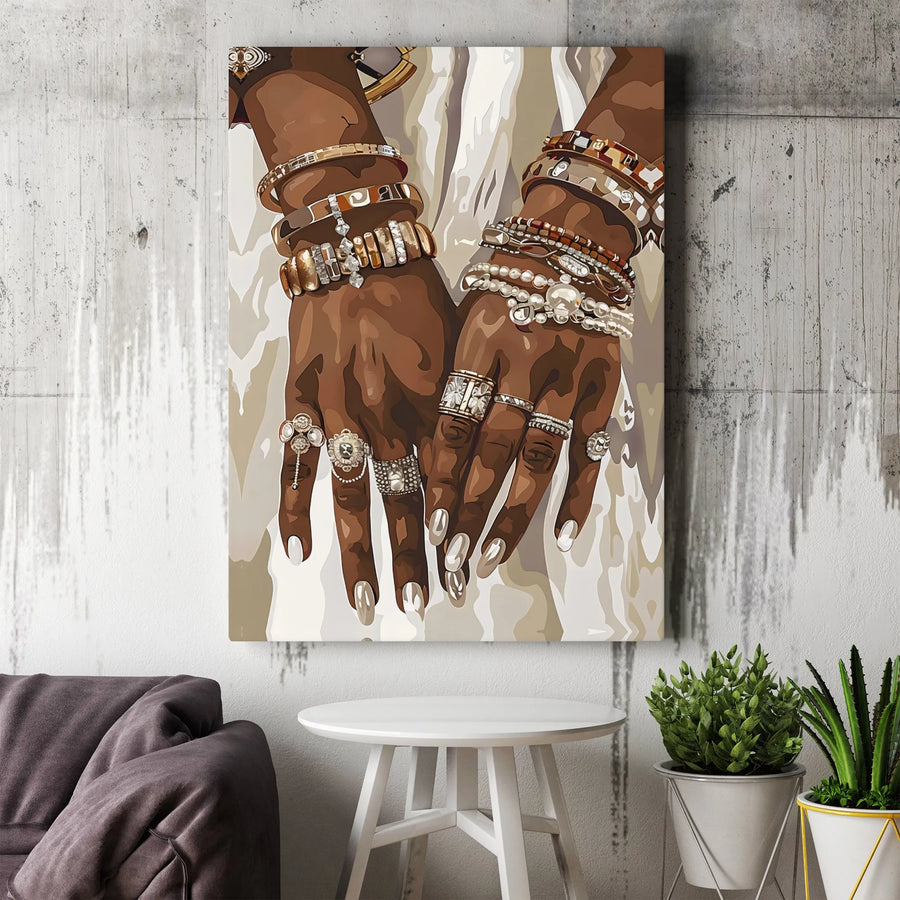 Fashion Jewelry Wall Art | African American Woman Hands Illustration | Premium Matte Canvas Print | Elegant Home Office Decor Gift