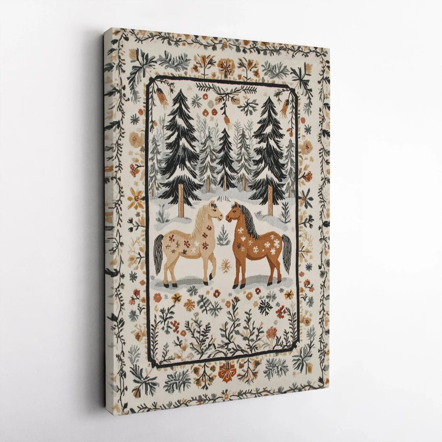 Folk Art Horse Canvas Wall Art | Snowy Winter Forest Floral Design | Gallery Wrapped Premium Print | Farmhouse Home Decor Gift