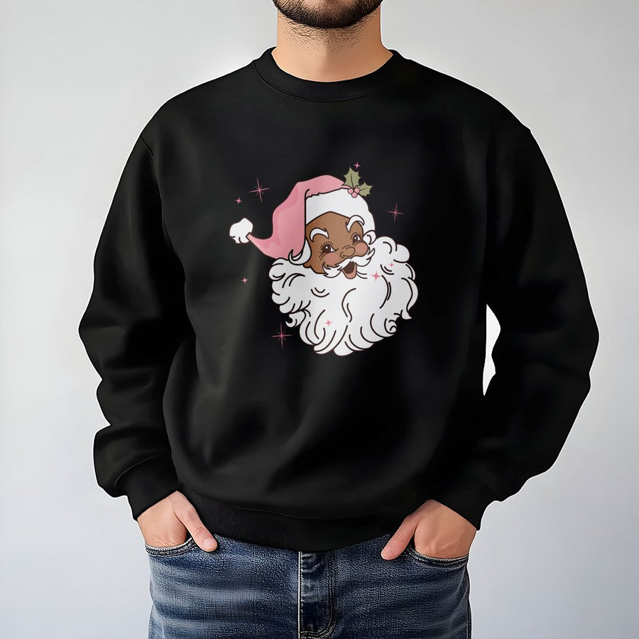 Black Santa Sweatshirt | Retro Pink Hat Christmas Graphic | Unisex Premium Cotton Blend | Holiday Melanin Representation Gift