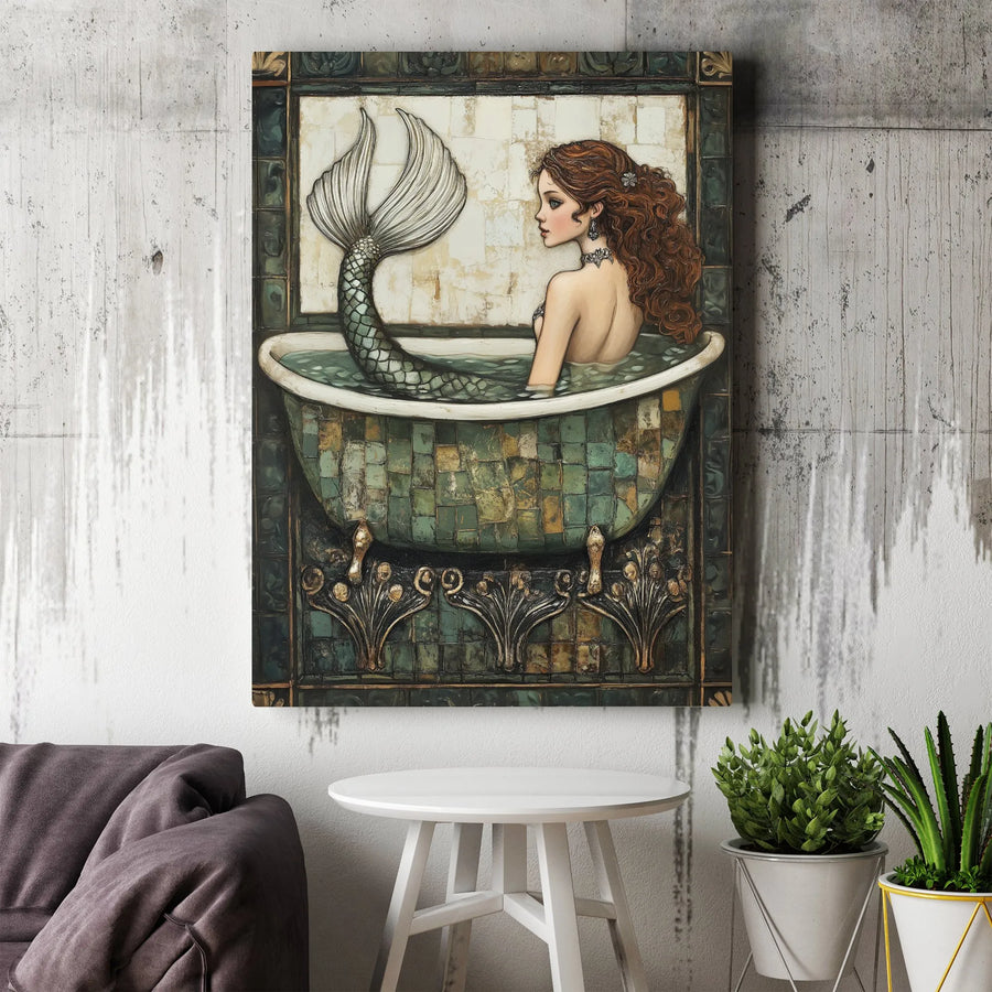 Mermaid Wall Art Canvas | Art Nouveau Bathtub Fantasy Illustration | Premium Gallery Wrap Print | Whimsical Bathroom Decor Gift