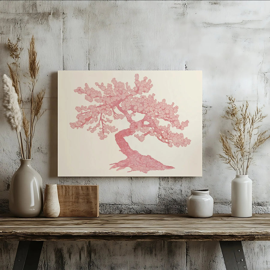 Pink Bonsai Tree Wall Art | Minimalist Line Drawing Print | Premium Gallery Wrapped Canvas | Zen Home Decor for Living Room